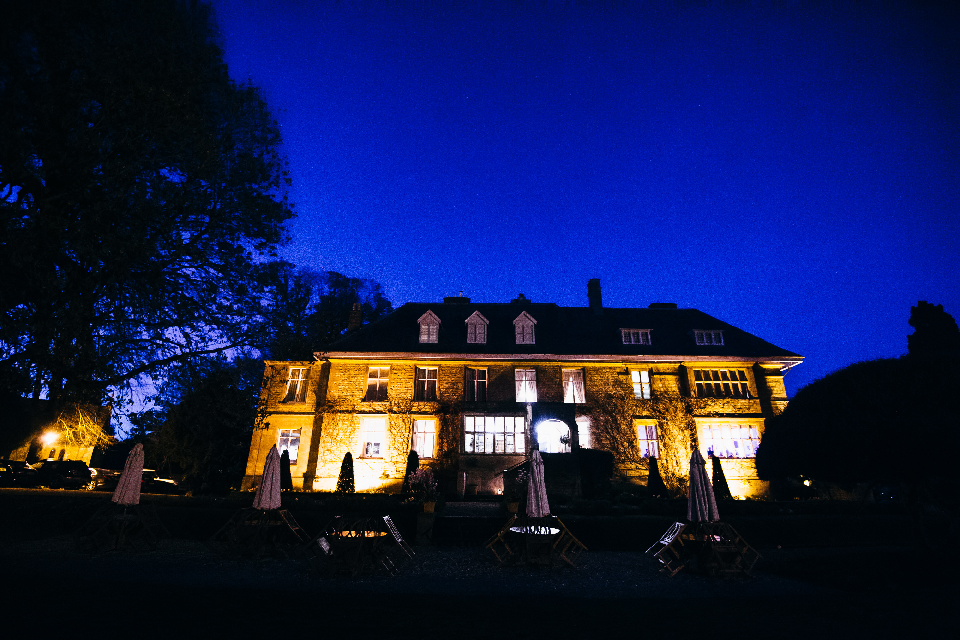 Slaughters Manor House at night