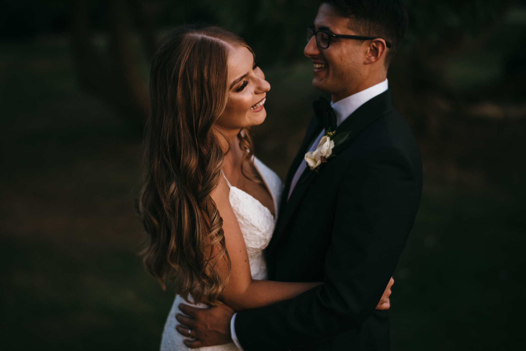 Bride and groom together in golden hour light at Gosfield Hall 