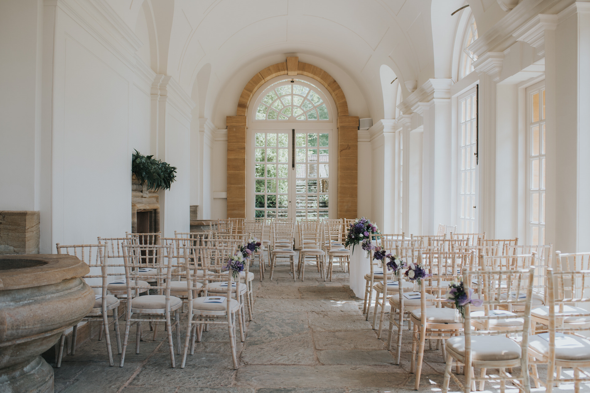 The orangery at hestercombe gardens ready for a wedding ceremony